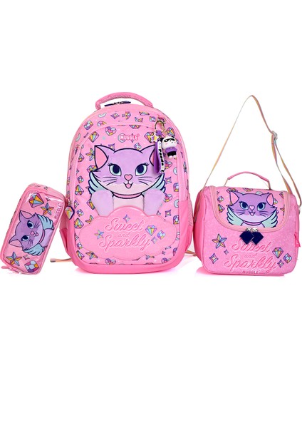 MU-5796 Pembe Kedi Desenli Okul Çanta Seti 3'lü – Sırt Çantası, Beslenme Çantası ve Kalemlik fiyatları