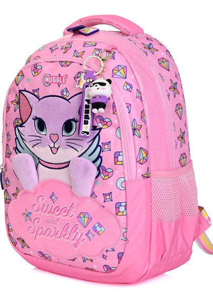 MU-5796 Pembe Kedi Desenli Okul Çanta Seti 3'lü – Sırt Çantası, Beslenme Çantası ve Kalemlik modelleri