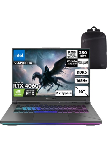Rog Strix G16 I9-14900HX 24-GB DDR5 4 TB SSD RTX4060 (8GB-140W) 16" Wuxga Windows 11 Pro Taşınabilir Bilgisayar + Sırt Çantası G614JVR-N3095HMF40