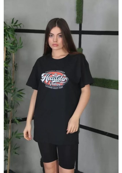 Baskılı Siyah Oversize T-Shirt