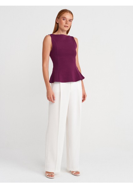 21001 Kayık Yaka Peplum Top-Mor fırsatları