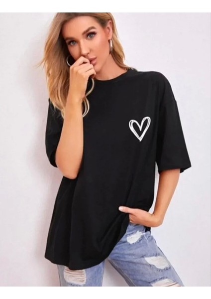 Siyah Oversize Baskılı Bisiklet Yaka T-Shirt fiyatları