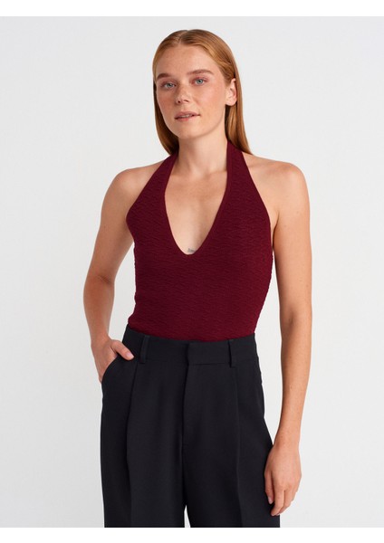10799 Halter V Yaka Dokulu Triko Bluz-Bordo