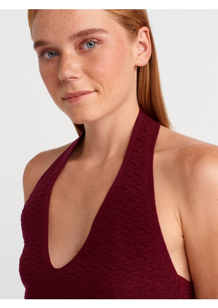 10799 Halter V Yaka Dokulu Triko Bluz-Bordo modelleri
