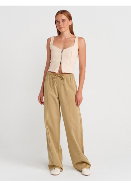 72030 Nervür Dikişli Lastikli Denim Pantolon-Çağla