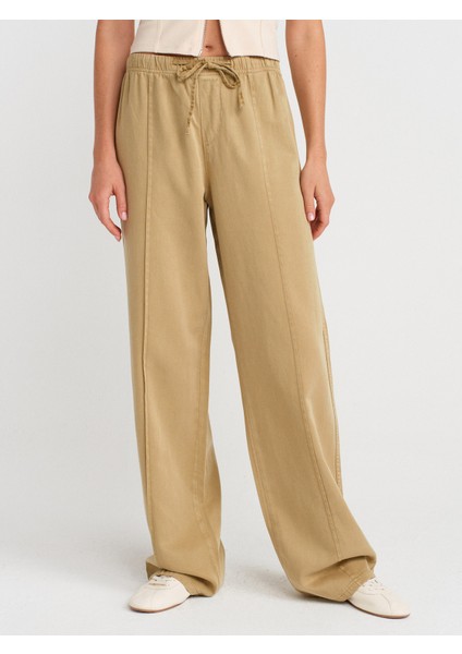 72030 Nervür Dikişli Lastikli Denim Pantolon-Çağla fırsatları