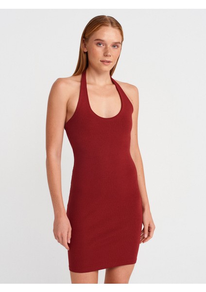 91508 Halter Yaka Mini Elbise-Açık Bordo