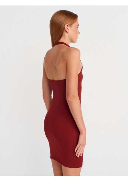 91508 Halter Yaka Mini Elbise-Açık Bordo fiyatları