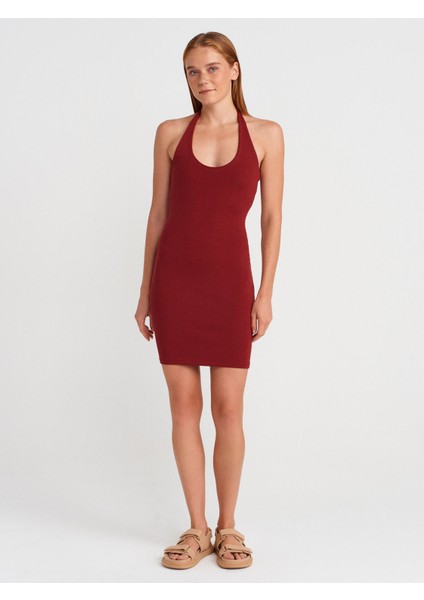 91508 Halter Yaka Mini Elbise-Açık Bordo fırsatları