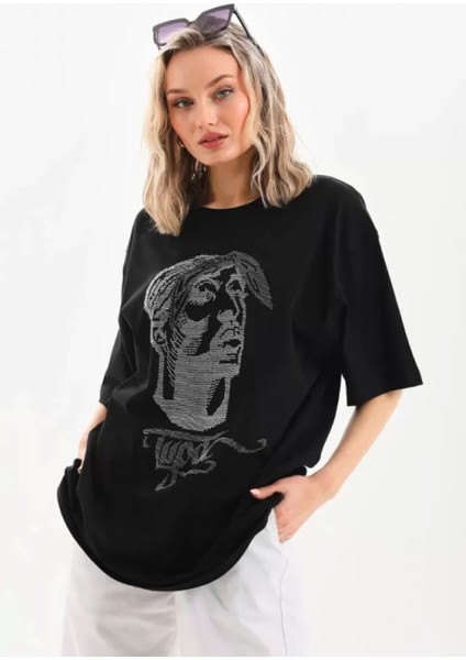 Taş Desenli Oversize T-Shirt - Siyah modelleri