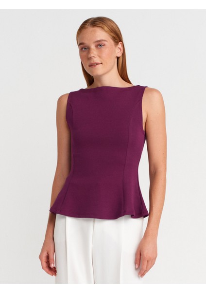 21001 Kayık Yaka Peplum Top-Mor