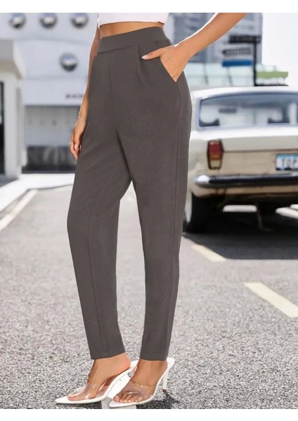 Yüksek Bel Cep Detaylı Rahat Kesim Kadın Krep Pantolon
