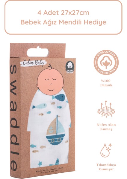 %100 Pamuk Premium & Hafif Müslin Bezi Örtüsü I 120x120 cm I Turkuaz I Gemi Desenli & 4 Adet Ağız Mendili 27x27cm