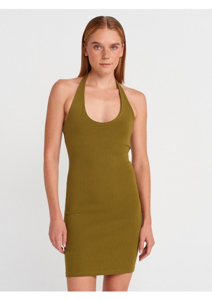 91508 Halter Yaka Mini Elbise-Koyu Yeşil