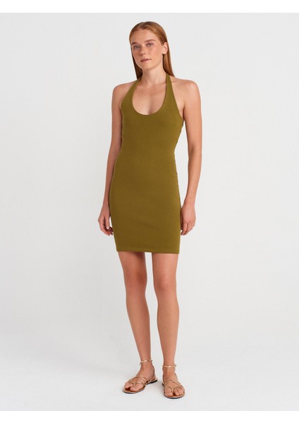 91508 Halter Yaka Mini Elbise-Koyu Yeşil fırsatları