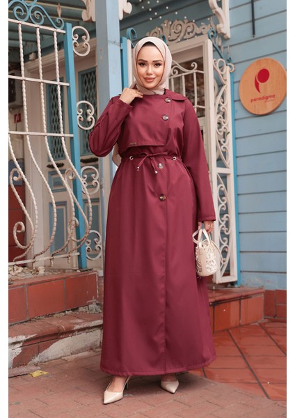 Düğmeli Bordo Tesettür Trençkot 684BR fiyatları