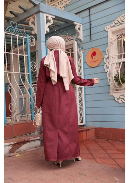 Düğmeli Bordo Tesettür Trençkot 684BR modelleri