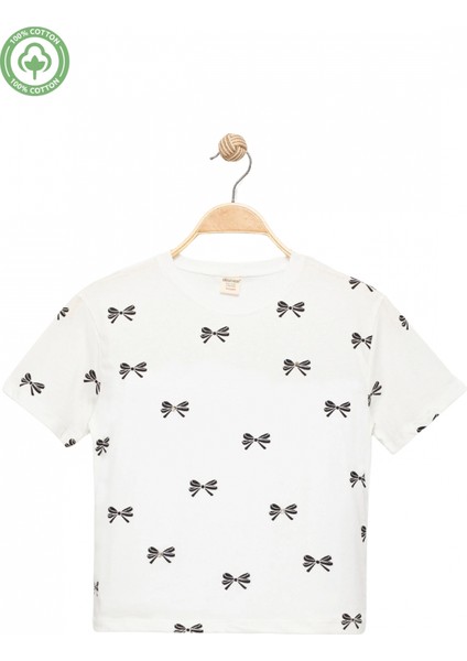 Kız Çocuk Fiyonklu Taş Işlemeli Kısa Kollu T-Shirt -Çocuk Giyim