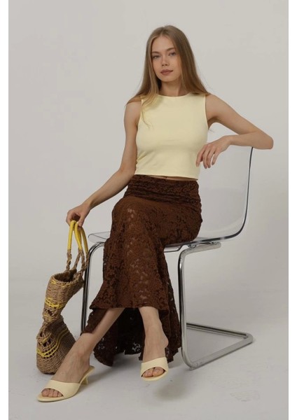 Kahve Renkli Bel Lastikli Dantel Etek