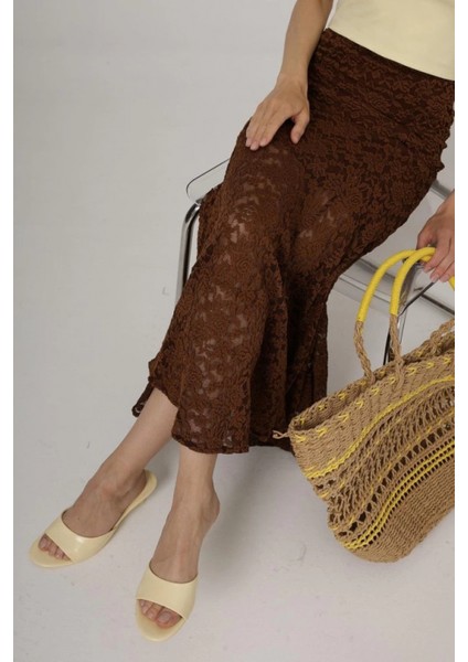 Kahve Renkli Bel Lastikli Dantel Etek fiyatları