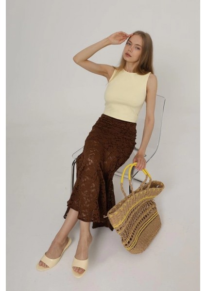 Kahve Renkli Bel Lastikli Dantel Etek modelleri