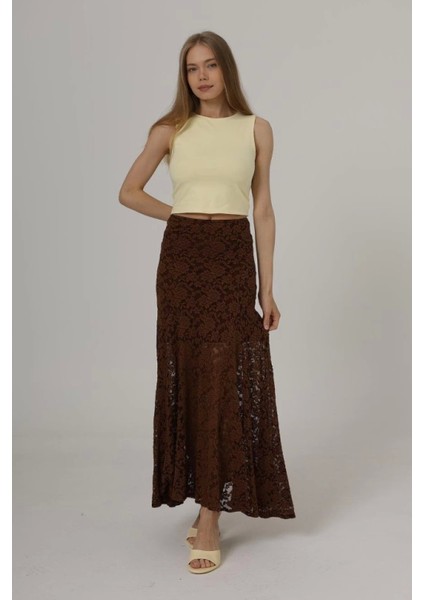 Kahve Renkli Bel Lastikli Dantel Etek fırsatları