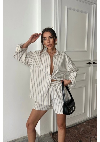 Çizgili Poplin Gömlek ve Şort Takımı - Bej modelleri