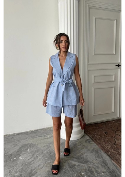Şık Keten Yelek Şort Takımı - Mavi fırsatları