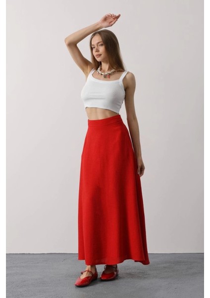 Kırmızı Keten Etek - Şıklığıyla Büyüleyen Parça modelleri