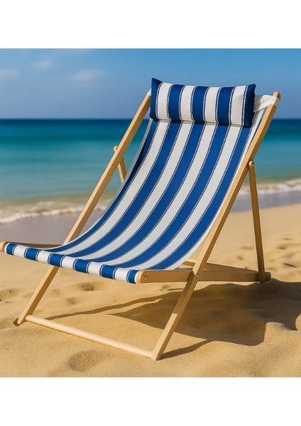 3 Kademe Ayarlı Ahşap Şezlong | Mavi-Beyaz Çizgili, Yastıklı, Taşınabilir, Portatif Tasarım