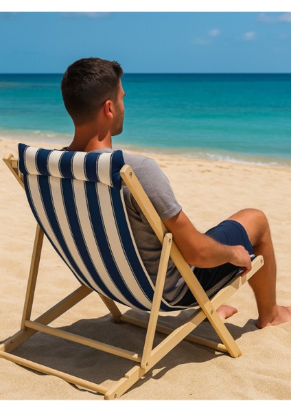 3 Kademe Ayarlı Ahşap Şezlong | Mavi-Beyaz Çizgili, Yastıklı, Taşınabilir, Portatif Tasarım fiyatları