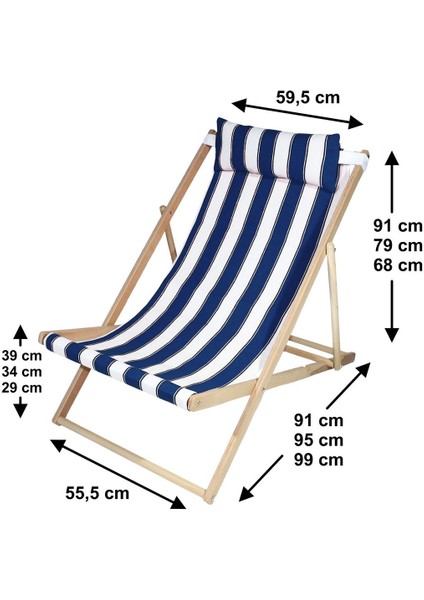 3 Kademe Ayarlı Ahşap Şezlong | Mavi-Beyaz Çizgili, Yastıklı, Taşınabilir, Portatif Tasarım modelleri