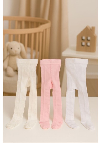 3'lü Kız Bebek & Çocuk Pamuklu Düz Renkl Külotlu Çorap