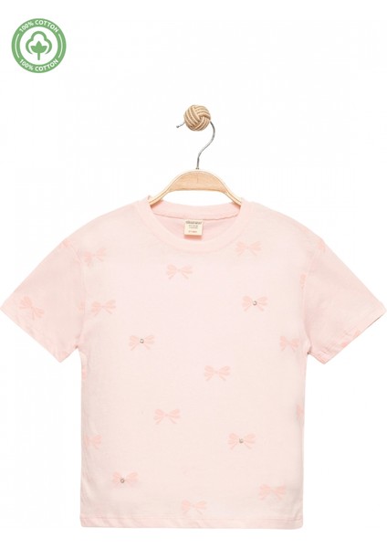 Kız Çocuk Fiyonklu Taş Işlemeli Kısa Kollu T-Shirt -Çocuk Giyim