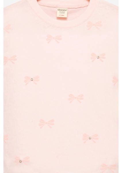 Kız Çocuk Fiyonklu Taş Işlemeli Kısa Kollu T-Shirt -Çocuk Giyim fiyatları