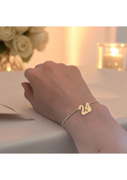14 Ayar Altın Plakalı Seda Ismine Özel Zincirli Kuğu Kuşu Motifli Hediye BILEKLIK-599ISIM