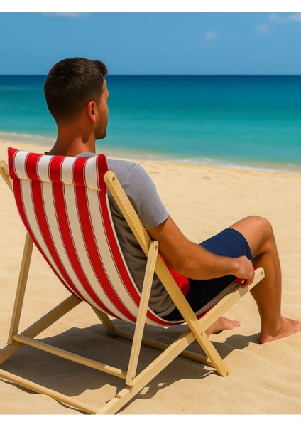 3 Kademe Ayarlı Ahşap Şezlong | Kırmızı-Beyaz Çizgili, Yastıklı, Taşınabilir, Portatif Tasarım fiyatları