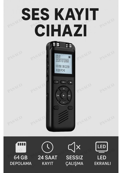 64 GB Premium Yeni Model LED Ekranlı Profesyonel Ses Kayıt Cihazı Okul Ders Not,toplantı Röportaj indirimleri