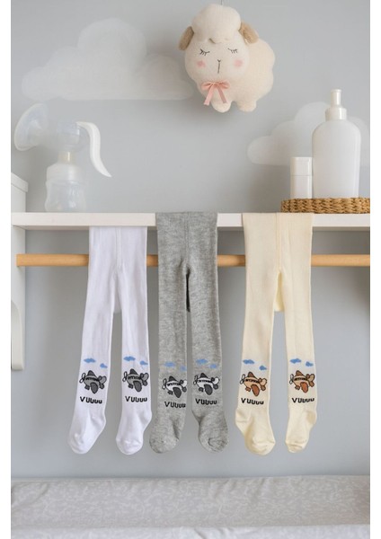 3'lü Unisex Bebek & Çocuk Pamuklu Külotlu Çorap Renkli Uçak Desenli