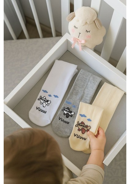3'lü Unisex Bebek & Çocuk Pamuklu Külotlu Çorap Renkli Uçak Desenli modelleri