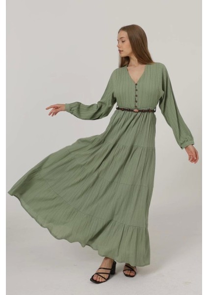 Haki Uzun Kol Kemerli Elbise modelleri