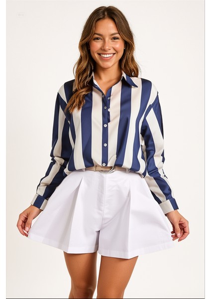 Kadın Lacivert Krem Çizgili Saten Gömlek HZL23S-BD1201731