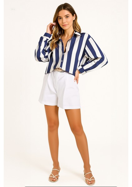 Kadın Lacivert Krem Çizgili Saten Gömlek HZL23S-BD1201731 fiyatları