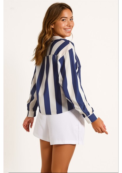 Kadın Lacivert Krem Çizgili Saten Gömlek HZL23S-BD1201731 modelleri