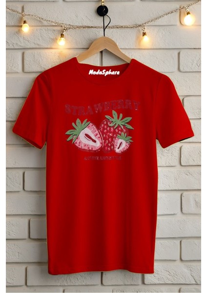 Strawberry Baskılı Unisex Oversize Tişört