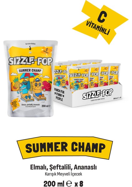 Sızzle-Pop Summer Champ Şeftali Elma Ananas Meyve Suyu 200 ml x 8 Adet