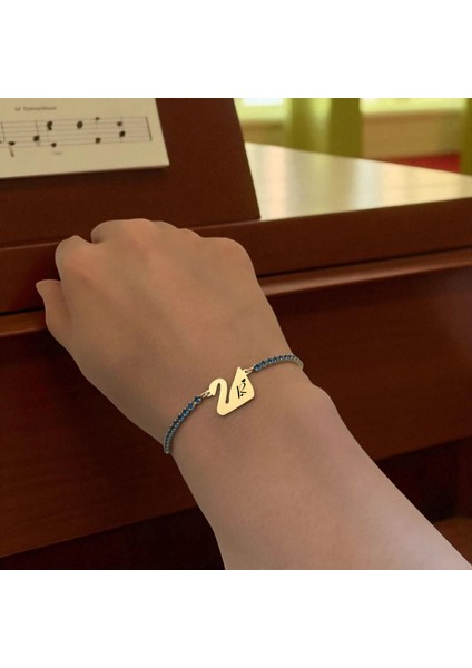 Altın Plakalı 14 Ayar R Harfine Özel Mavi Taş Desenli Kuğu Kuşu Figürlü Hediye BILEKLIK-600HARF