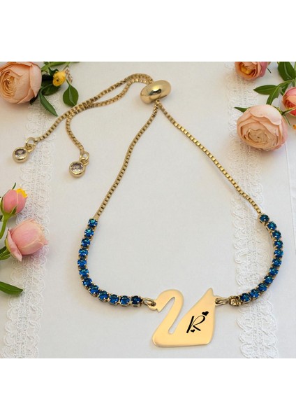 Altın Plakalı 14 Ayar R Harfine Özel Mavi Taş Desenli Kuğu Kuşu Figürlü Hediye BILEKLIK-600HARF fiyatları