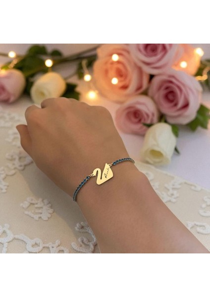 14 Ayar Plakalı Altın Hande Ismine Özel Mavi Taş Desenli Kuğu Kuşu Figürlü Hediye BILEKLIK-600ISIM