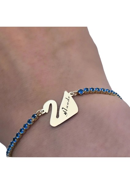 14 Ayar Plakalı Altın Hande Ismine Özel Mavi Taş Desenli Kuğu Kuşu Figürlü Hediye BILEKLIK-600ISIM fırsatları